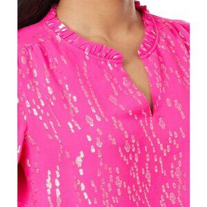 New NWT Lilly Pulitzer Silk Top Giana Pink sz M Metallic Blouse V Neck Shirt